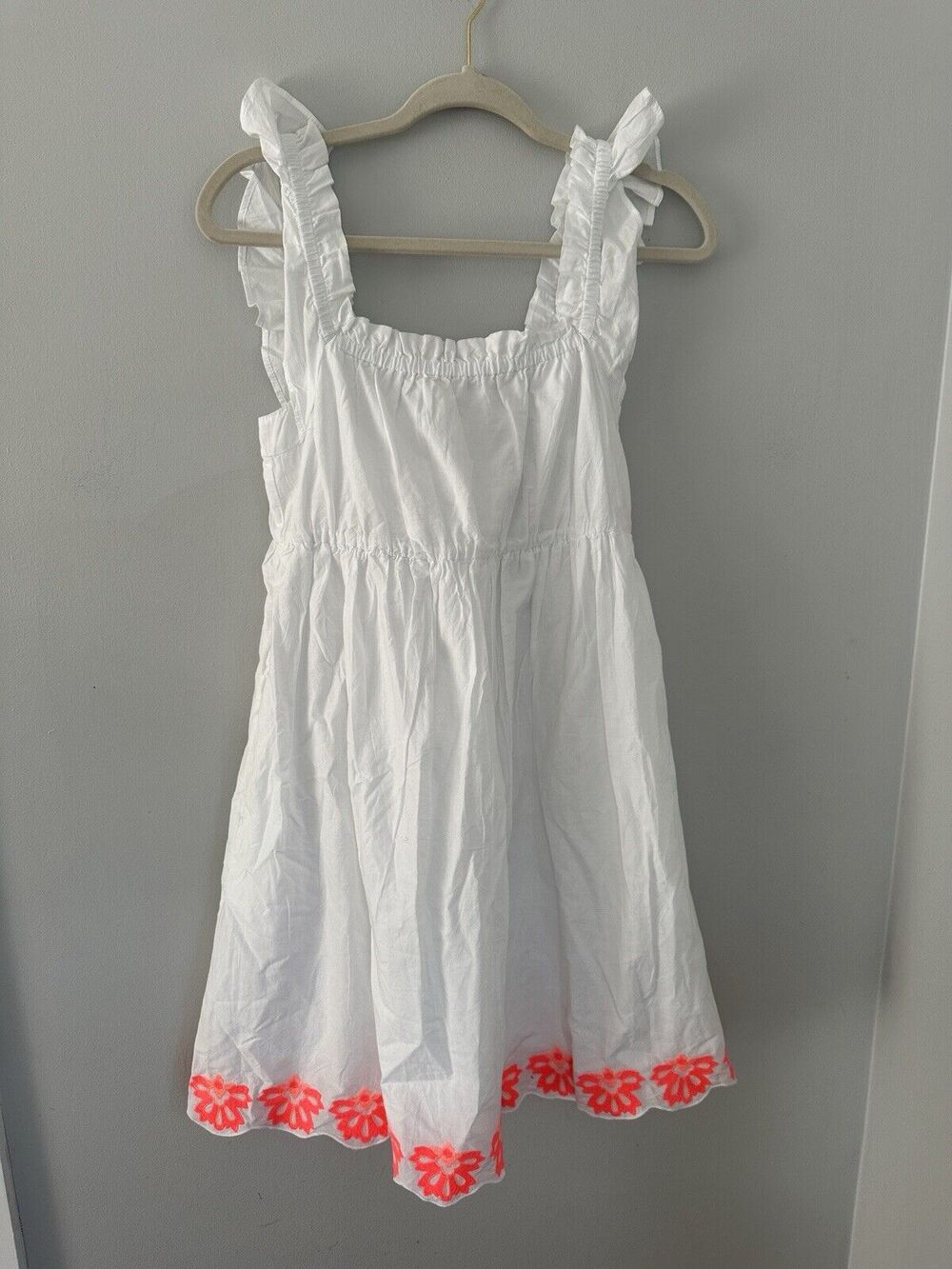 NWT $89 J Crew 100% Cotton White w Ruffled Straps, Embroidered Hem Dress Sz 4